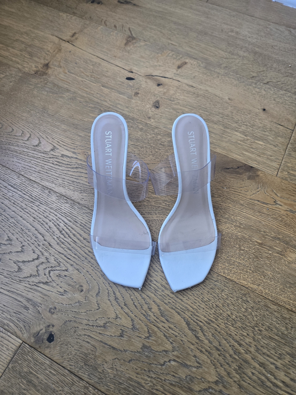 Stuart Weitzman White Slide Sandals with Clear Straps